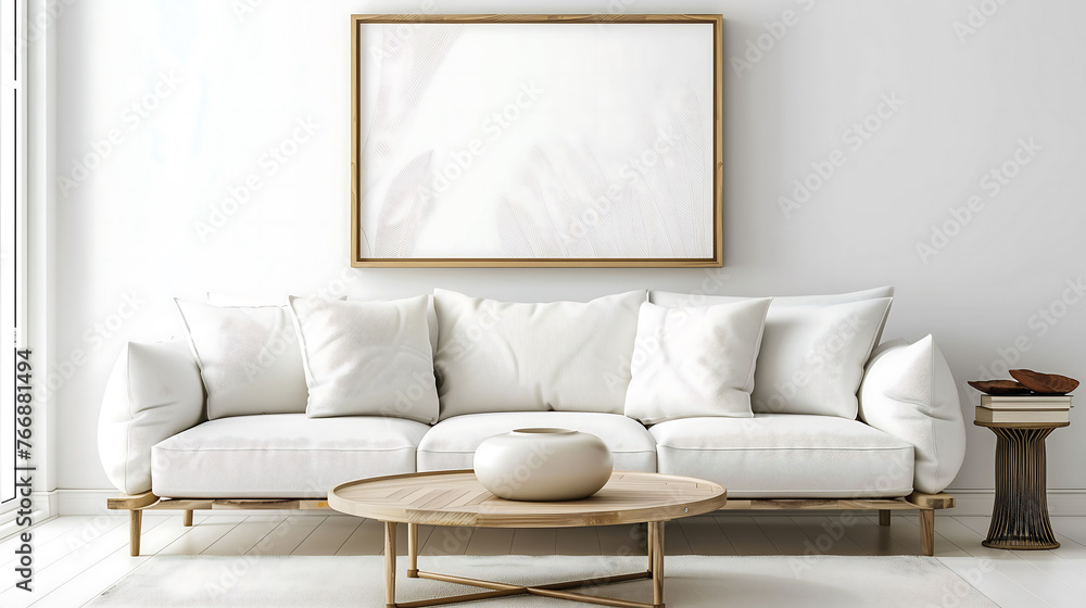Naklejka premium Living room interior with blank poster frame mockup.