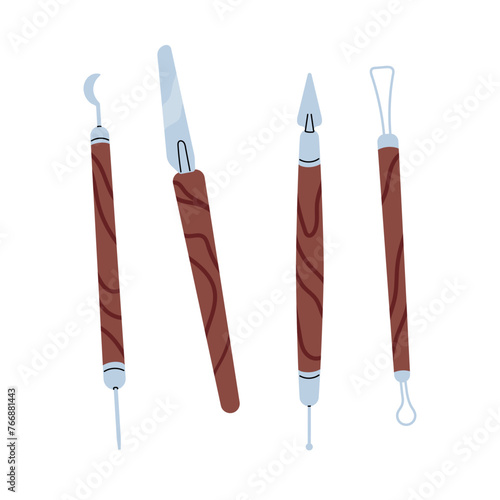 Kit of sculpting sticks with metal tips, wooden handle. Instrument for shaping clay sculptures. Supplies for carving. Sculptor's tools. Art stationery. Flat isolated vector illustration on white