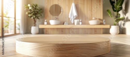 Wooden circular podium used to showcase products against a blurred bathroom backdrop.