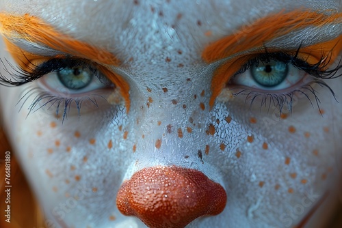Close Up of a Clowns Face With Orange and White Makeup