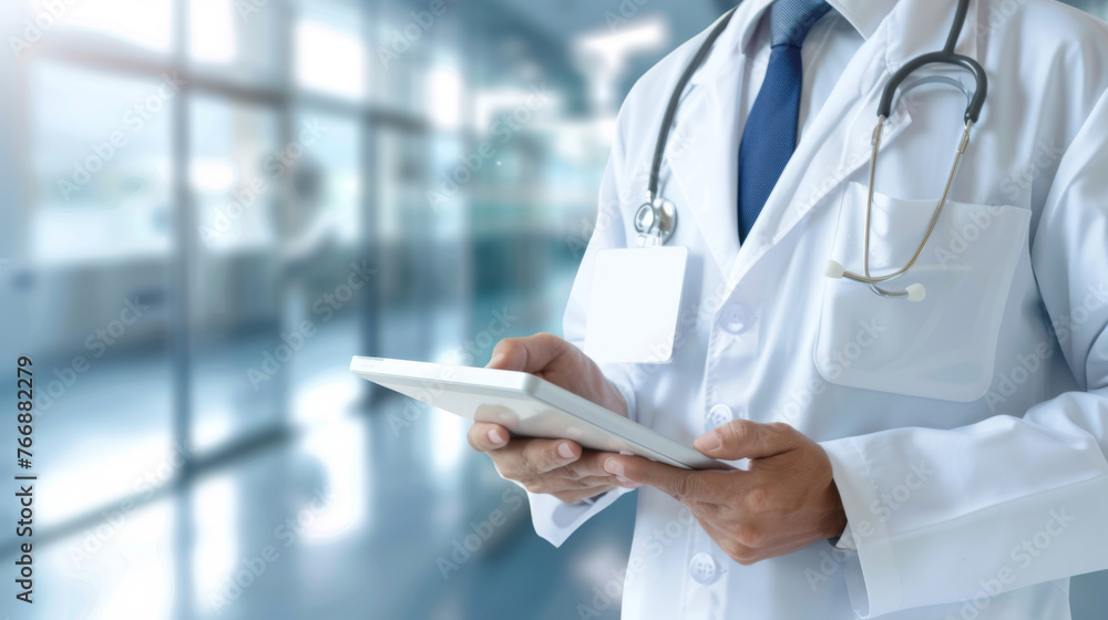 A doctor in a white coat with a stethoscope is using a tablet in a hospital corridor. A doctor in a white coat with a stethoscope is using a tablet in a hospital corridor.