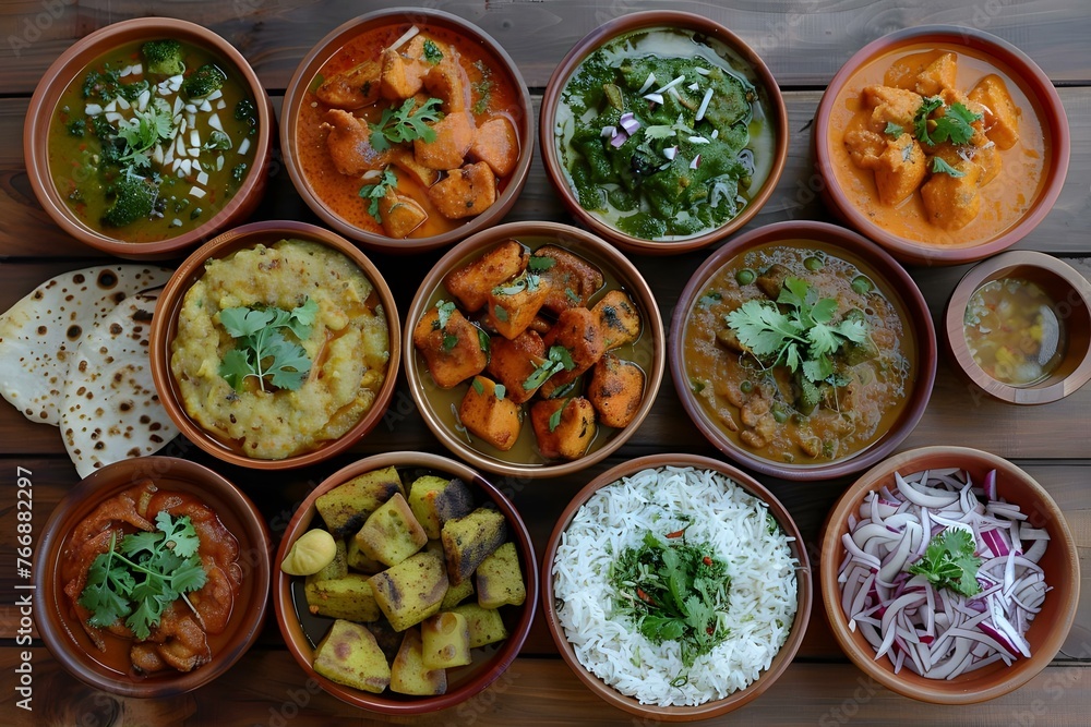 Assorted Indian dishes including chicken palak paneer chicken tikka biryani vegetable curry papad dal and more. Concept Indian Cuisine, Chicken Dishes, Vegetarian Options, Spicy Curries Assorted Indian dishes including chicken palak paneer chicken tikka biryani vegetable curry papad dal and more. Concept Indian Cuisine, Chicken Dishes, Vegetarian Options, Spicy Curries