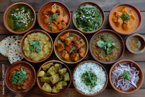 Assorted Indian dishes including chicken palak paneer chicken tikka biryani vegetable curry papad dal and more. Concept Indian Cuisine, Chicken Dishes, Vegetarian Options, Spicy Curries photo