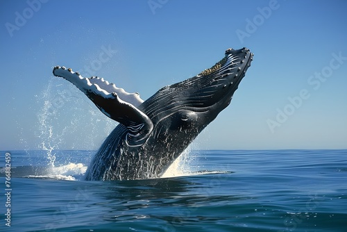 Majestic Humpback Whale Breaching in Open Sea. Ocean Wildlife Photography. Nature's Powerful Beauty Captured. Serene Marine Scene. Generative AI © Olsek