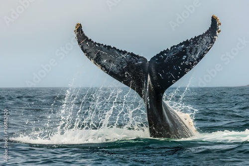 Majestic Whale Tail Emerging From Ocean Waves, a Powerful Display of Wildlife. Captured in Natural Habitat. A Moment of Marine Beauty. Generative AI