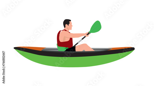 Rafting and kayaking sport, man in boat, adrenaline release, canoeing athletes, man and with oars, active leisure now a day vector cartoon concept