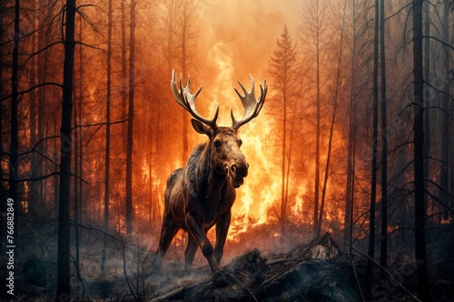 Wild elk in the forest during a fire. Wildlife scene. photo