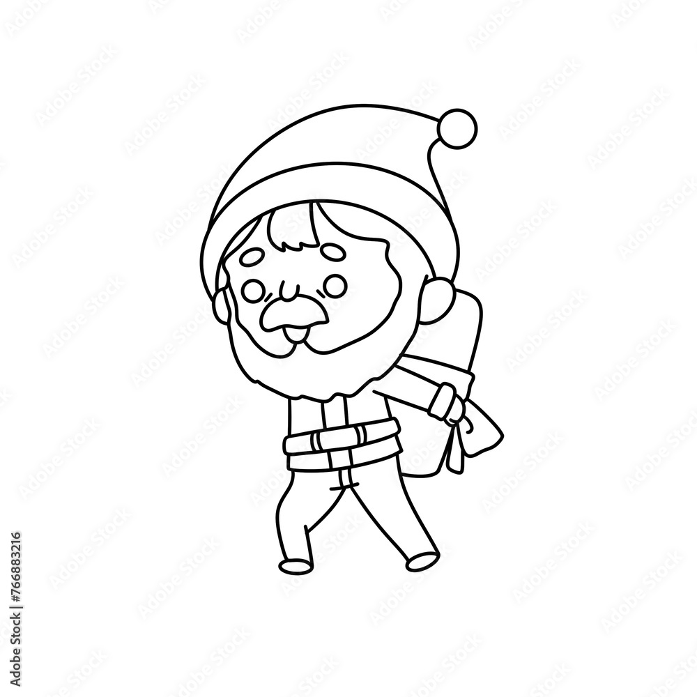 Fototapeta premium A cartoon character dressed as Santa Claus is carrying a large bag. The image is in black and white and has a playful, lighthearted mood