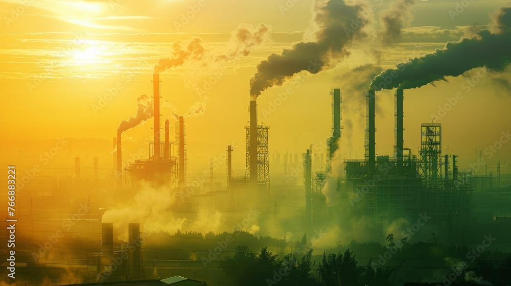 A factory releasing large amounts of smoke from its stacks, creating a heavy pollution in the surrounding area A factory releasing large amounts of smoke from its stacks, creating a heavy pollution in the surrounding area