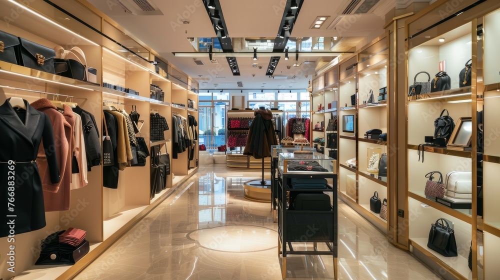 Obraz premium A womens clothing store showcasing a variety of handbags and purses in a large display