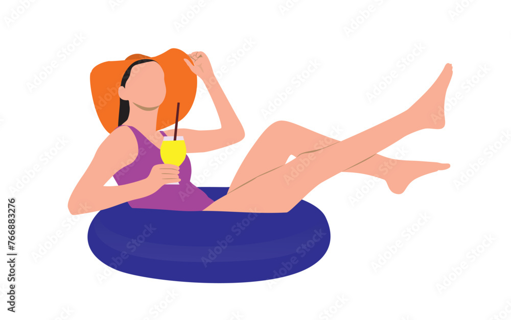 Lady enjoying floating on inflatable rings and with glass of drink.  Vector  illustration design.
