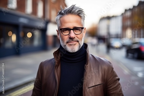 Portrait of a handsome middle-aged man with gray hair wearing glasses and a brown leather jacket. © Iigo