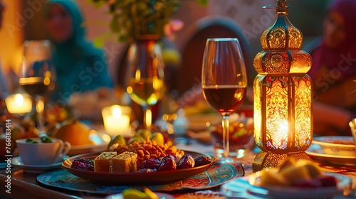 A beautifully set iftar table adorned with vibrant colors, delicious dates, and a glowing Ramadan lantern, surrounded by smiling friends and family.