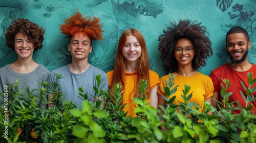 Diverse young adults smiling with plants