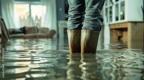 A person stands in a flooded living room, water covering the floor as they assess the damage and plan their next steps