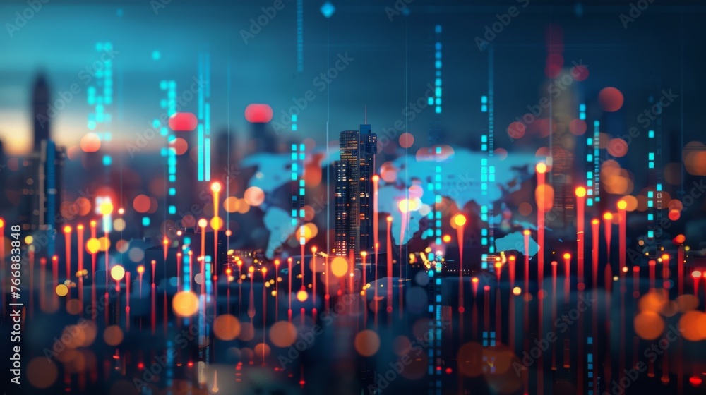 An abstract city background with financial rising candlesticks. World business investment concept.
