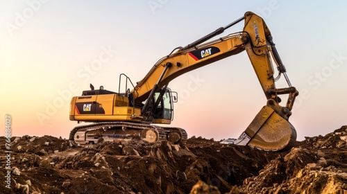 A bulldozer actively excavating a mound of soil in a construction site