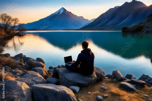 A man is learning something sitting on a rock beside a lake with mountains and sunset a pleasant view photo