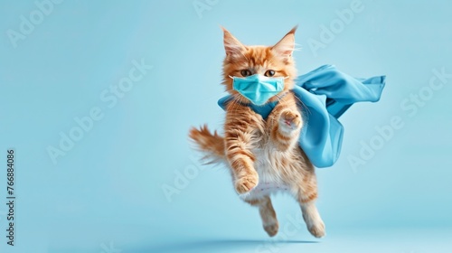 A cat wearing a protective face mask and a blue scarf © Elmira