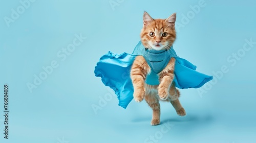 A cat wearing a superhero costume, complete with a cape and mask, posing in a heroic stance © Elmira