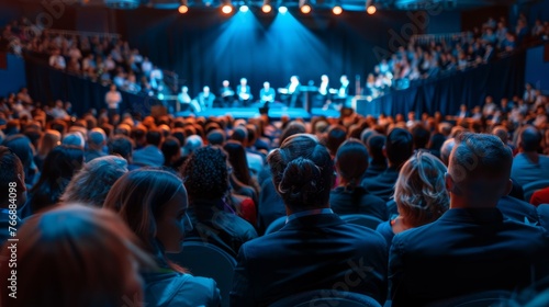 A crowd of diverse individuals gathered together, seated in rows facing a stage, possibly attending a performance or event