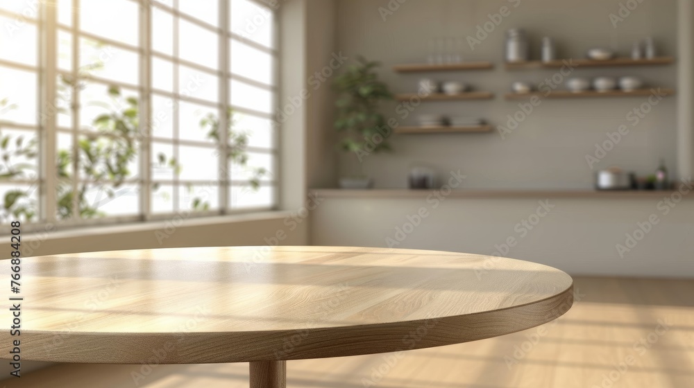 Fototapeta premium A wooden table placed in front of a window, creating a simple and practical setup for a workspace or dining area