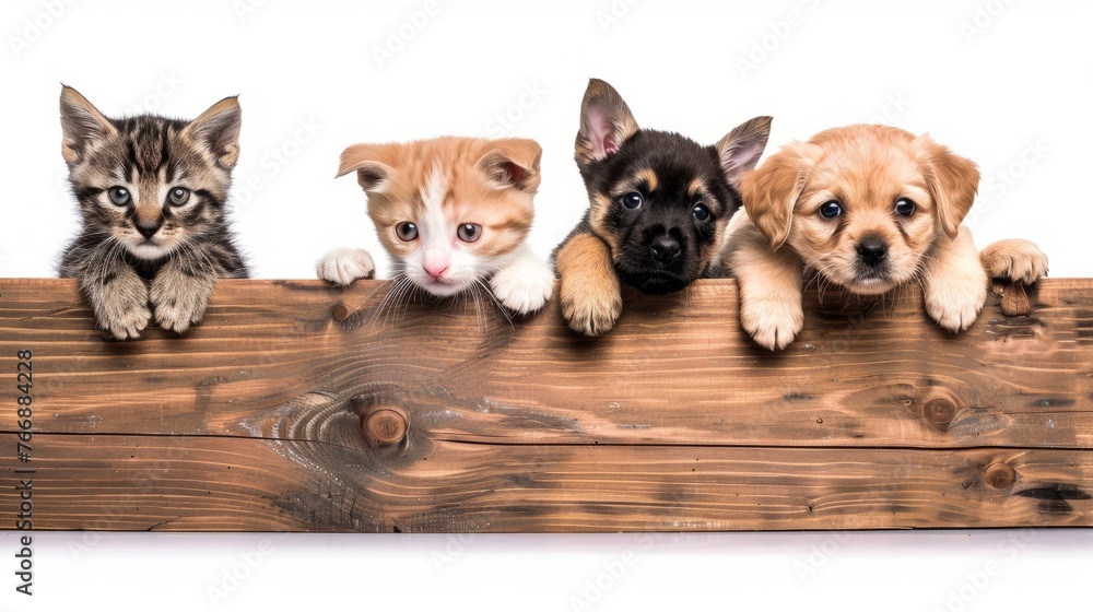 Several puppies and kittens are sitting on top of a wooden box