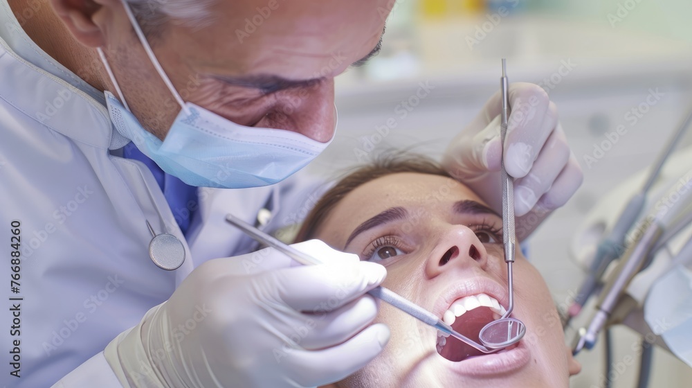 A woman sitting in a dentists chair while a dentist examines her teeth using tools and equipment A woman sitting in a dentists chair while a dentist examines her teeth using tools and equipment
