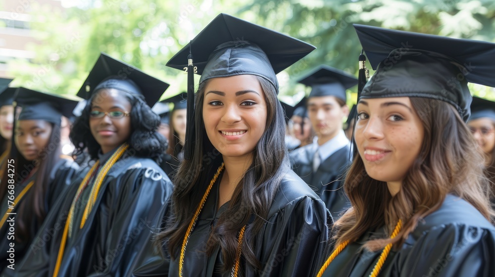 Young women wearing graduation gowns stand together, celebrating their academic achievement Young women wearing graduation gowns stand together, celebrating their academic achievement