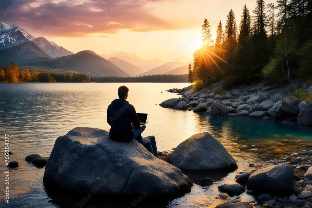 A man is learning something sitting on a rock beside a lake with mountains and sunset a pleasant view