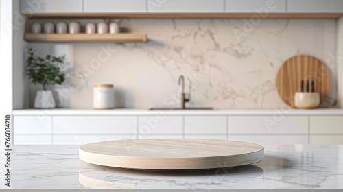A wooden plate rests on a white counter top in a modern kitchen setting