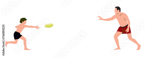 Happy family father and child playing flying disk outdoor in park, vector illustration isolated on white background. Throwing and catching flying disk. Catch grab game toy. Father and son