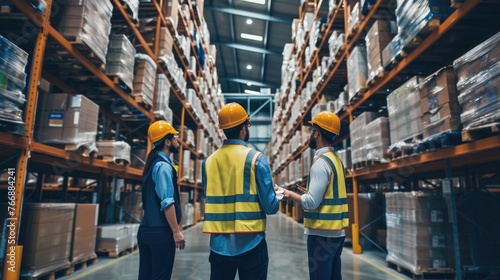 A team of warehouse workers in safety vests engage in a group discussion in a large modern logistics center. AIG41 photo