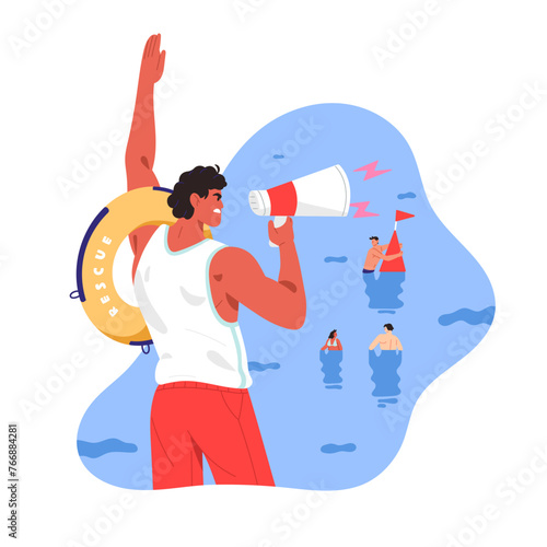 Beach lifeguard warning, shouts on breaking rules people. Rescuer with lifebuoy yells at swimming for buoys person by megaphone. Emergency rescue on water. Flat isolated vector illustration on white