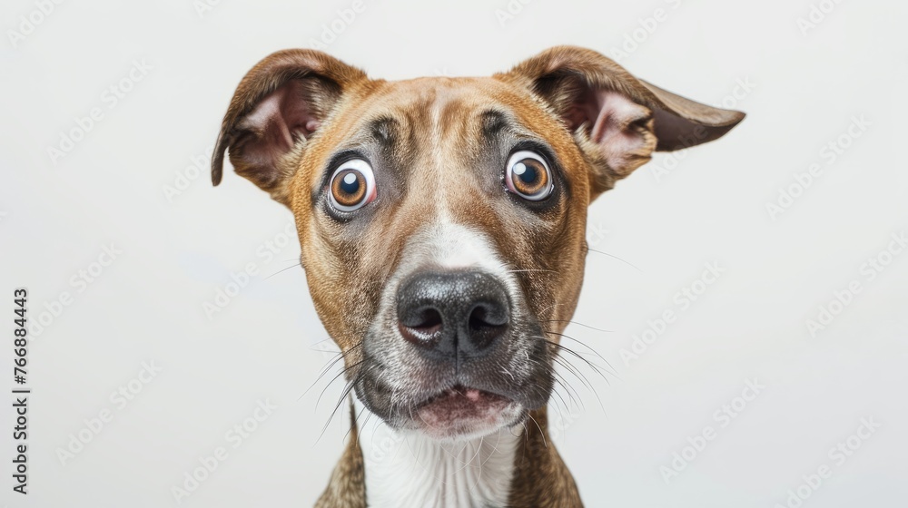 A brown and white dog looking surprised with its eyes wide open and ears perked up A brown and white dog looking surprised with its eyes wide open and ears perked up