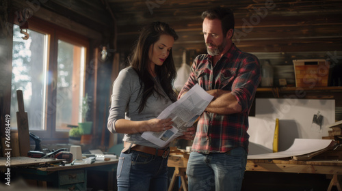 A man and woman are examining a blueprint in an unfinished building.