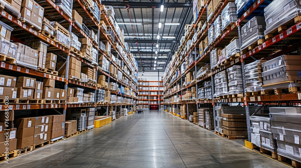 A large warehouse packed with numerous boxes stacked on shelves, creating a dense and organized storage area