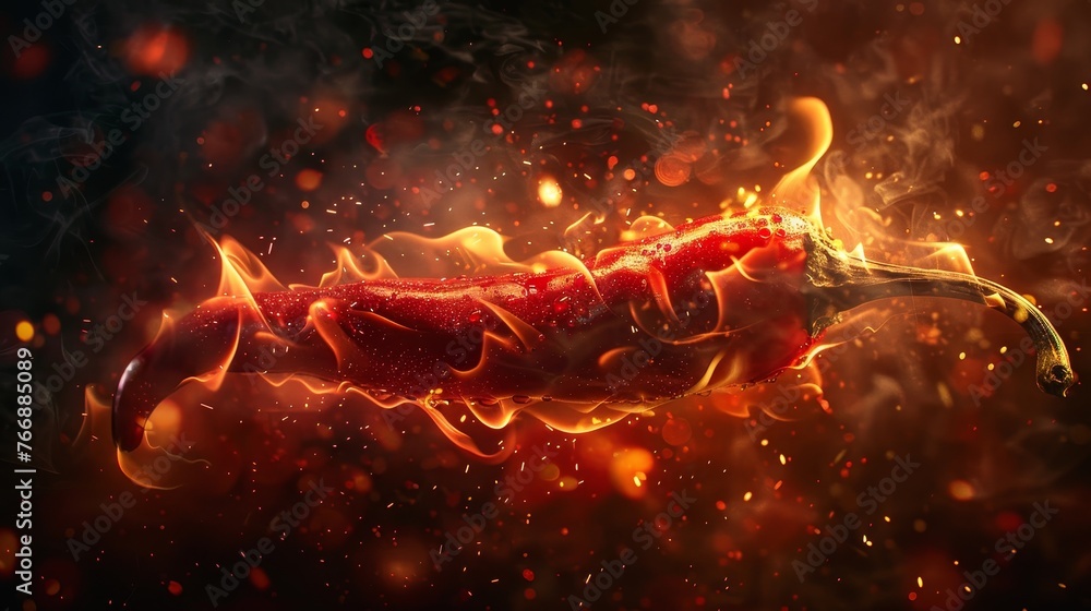 Red chili pepper with flames licking around its edges - obrazy, fototapety, plakaty 