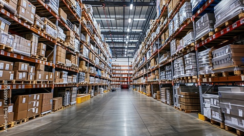 A large warehouse packed with numerous boxes stacked on shelves  creating a dense and organized storage area