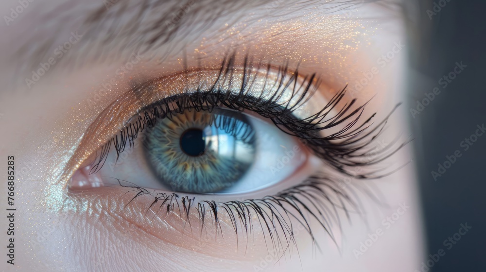 A close-up view of a womans eye showing vibrant blue iris and long, defined lashes