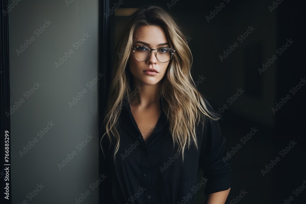 Portrait of a beautiful blonde woman in a black shirt and glasses Portrait of a beautiful blonde woman in a black shirt and glasses