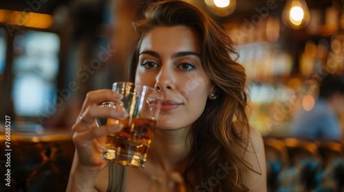 A woman holding a glass of beer in her hand, with a neutral expression on her face