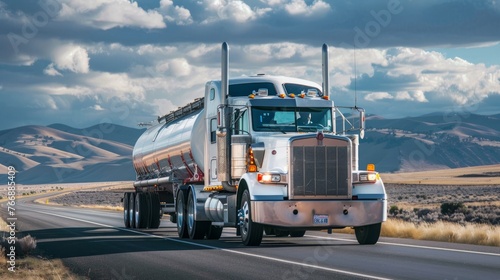 A large semi truck is seen driving down a road, surrounded by other vehicles. The truck is in motion, showcasing its size and power