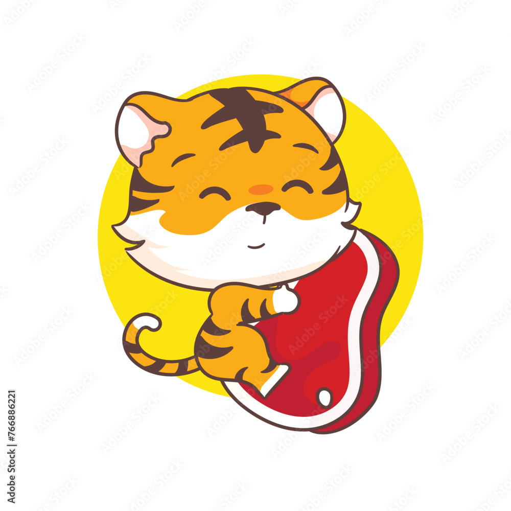 Cute little tiger hugging meat cartoon character. Adorable animal concept design. Vector art illustration Cute little tiger hugging meat cartoon character. Adorable animal concept design. Vector art illustration