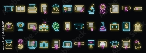 Degree icons set outline vector. Academic bachelor. Celebration ceremony neon color on black