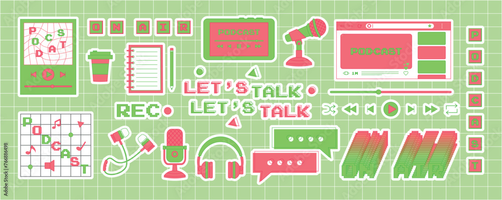 Big set of podcast stickers in the trendy y2k style. Old computer aesthetics from the 90s, 00s. Retro PC elements, user interface Big set of podcast stickers in the trendy y2k style. Old computer aesthetics from the 90s, 00s. Retro PC elements, user interface