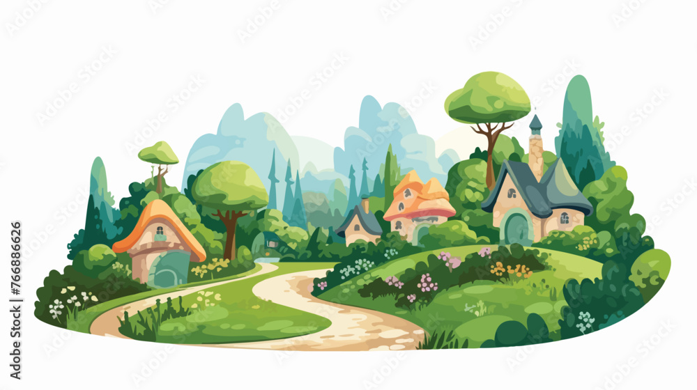 Fairy Village Landscape flat vector isolated on white background 