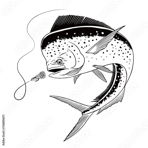 Dorado Fish Hand Drawn Illustration Black and White