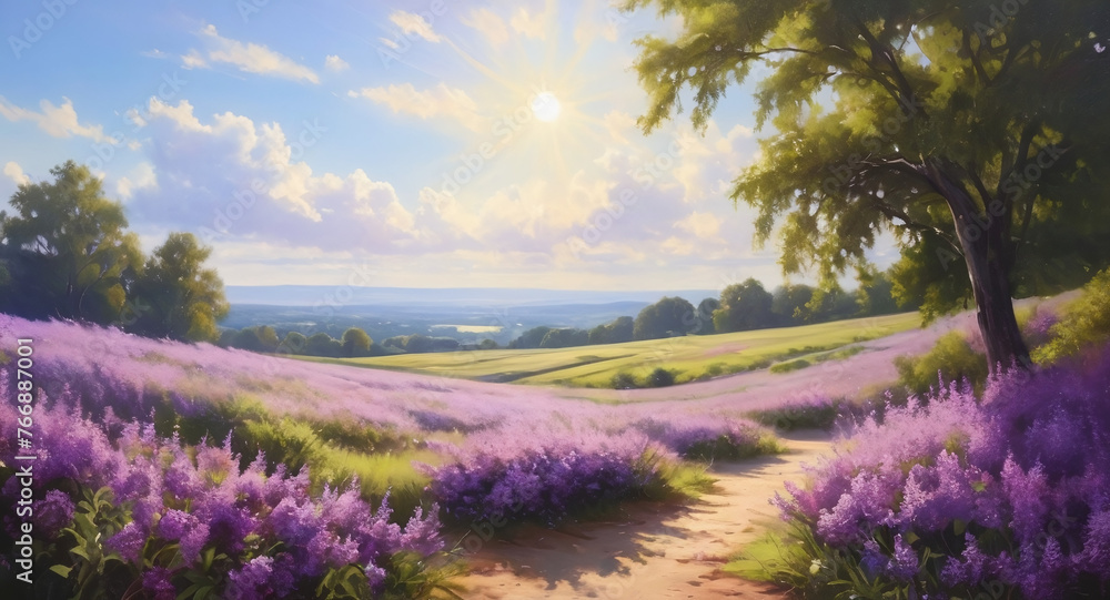 Naklejka premium Sunrise Over Lavender Fields