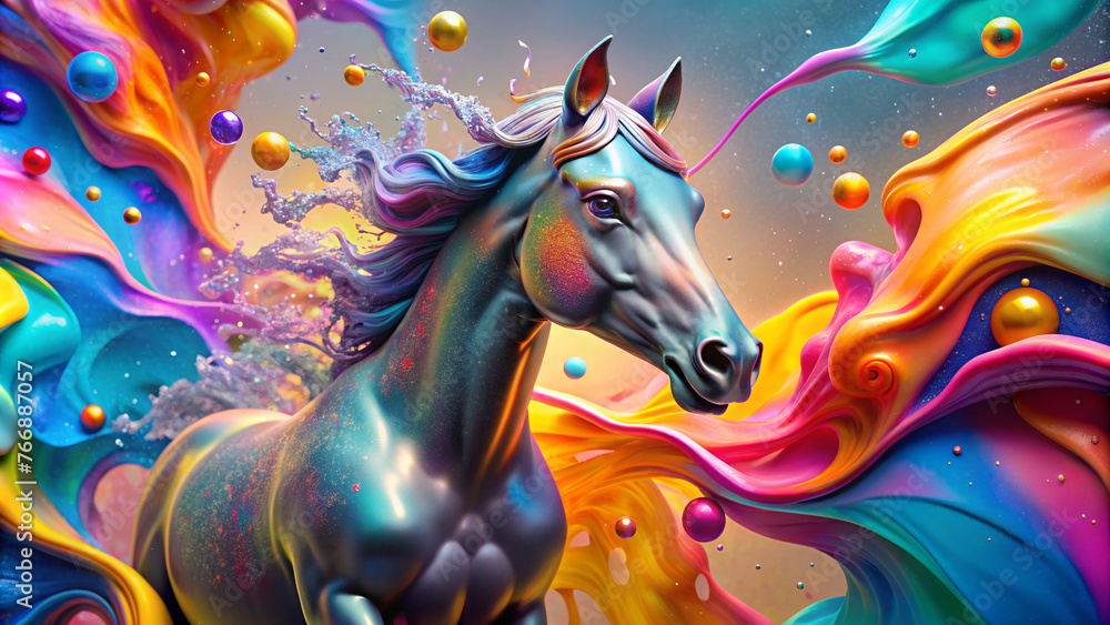3d render abstract pastel colors background with black horse. Bright abstract background. Flow of multi-colored paint with bubbles and lumps. Multi colored liquid.
